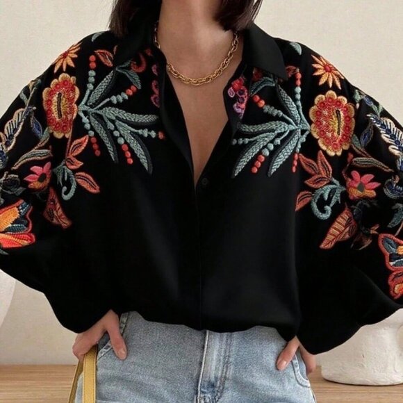 Black Casual Women's emroidered Floral Print Long Sleeve Shirt - Picture 3 of 5